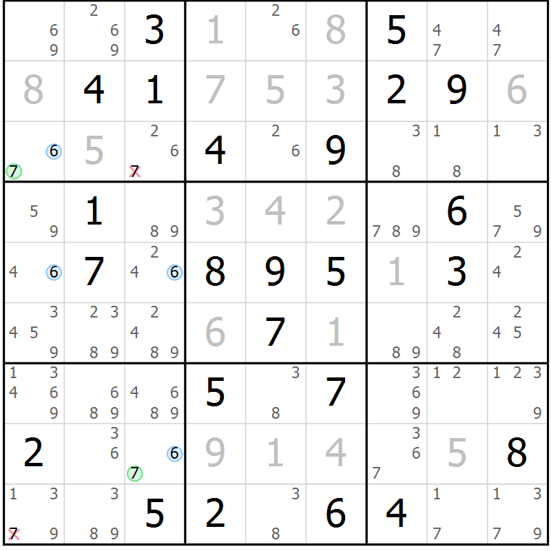 Position des candidats pour la solution de la Gr 84 page 87 du magazine de sudoku Sudoku Suprême n° 037