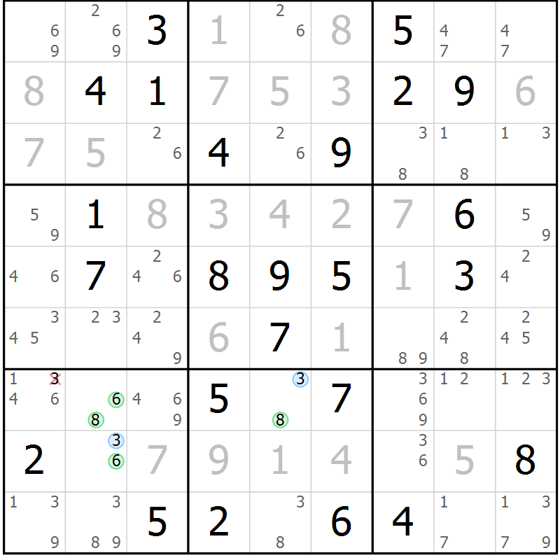 Position des candidats pour la solution de la Gr 84 page 87 du magazine de sudoku Sudoku Suprême n° 037