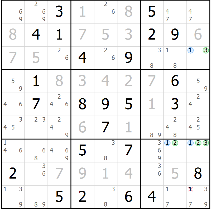 Position des candidats pour la solution de la Gr 84 page 87 du magazine de sudoku Sudoku Suprême n° 037