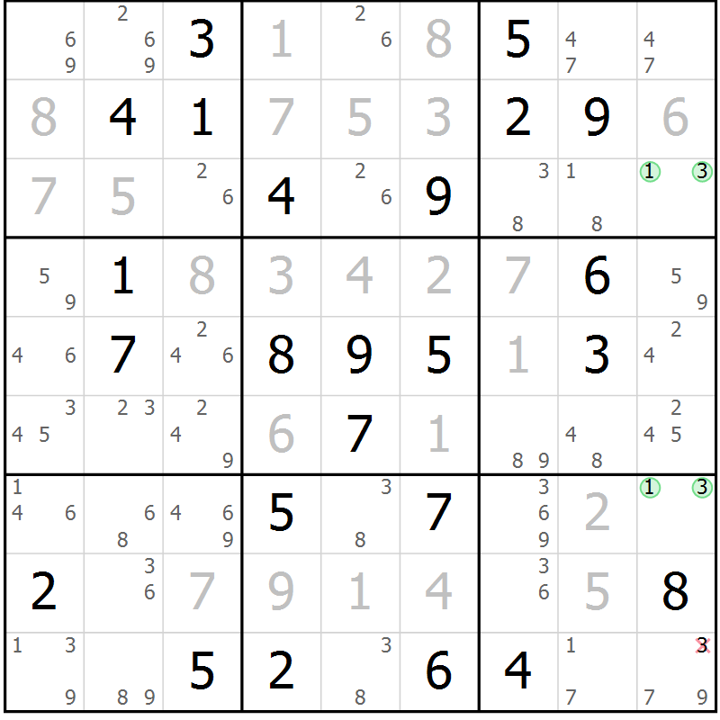 Position des candidats pour la solution de la Gr 84 page 87 du magazine de sudoku Sudoku Suprême n° 037
