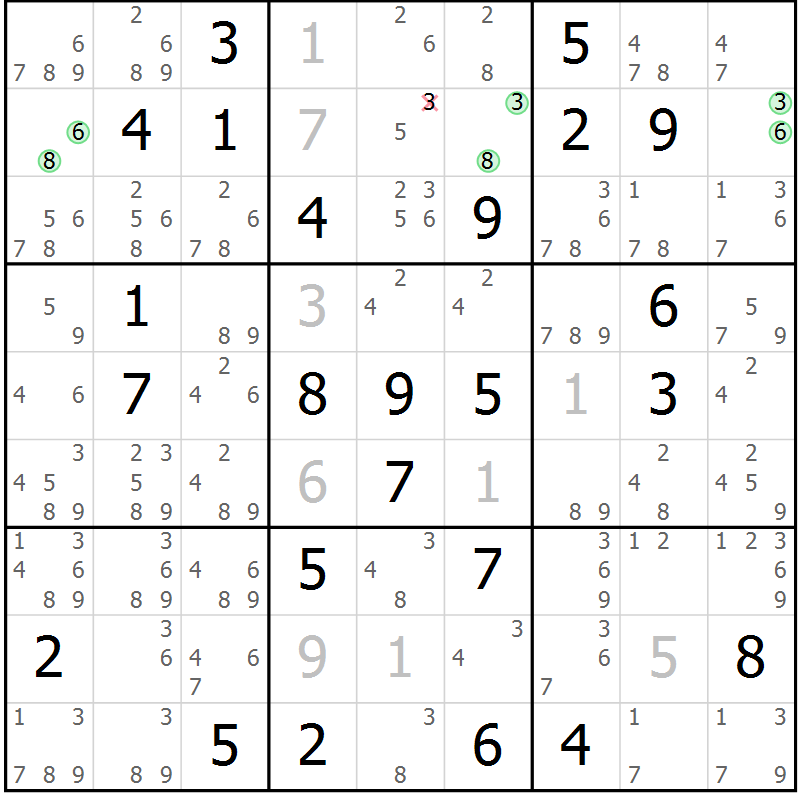 Position des candidats pour la solution de la Gr 84 page 87 du magazine de sudoku Sudoku Suprême n° 037