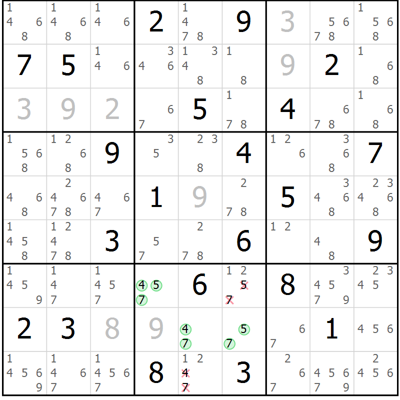 Position des candidats pour la solution de la Gr 10 page 13 du magazine de sudoku Sudoku Suprême n° 039