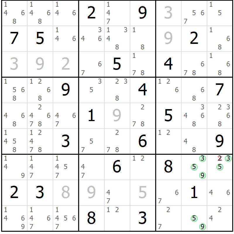 Position des candidats pour la solution de la Gr 10 page 13 du magazine de sudoku Sudoku Suprême n° 039