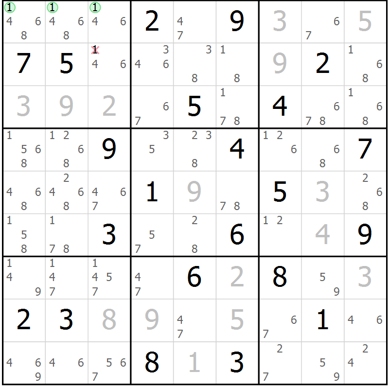 Position des candidats pour la solution de la Gr 10 page 13 du magazine de sudoku Sudoku Suprême n° 039