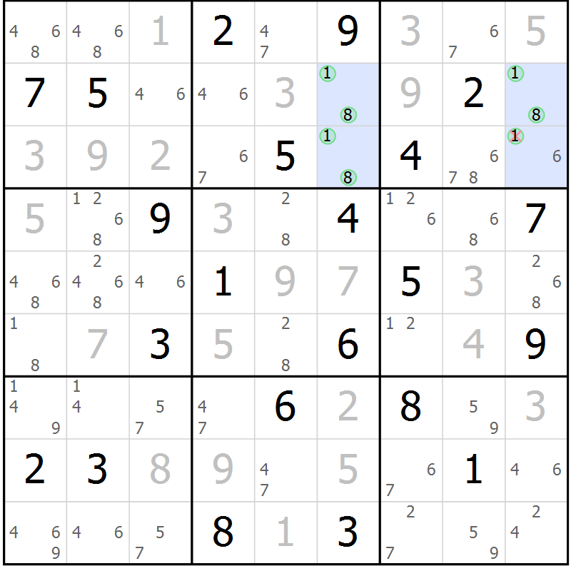 Position des candidats pour la solution de la Gr 10 page 13 du magazine de sudoku Sudoku Suprême n° 039