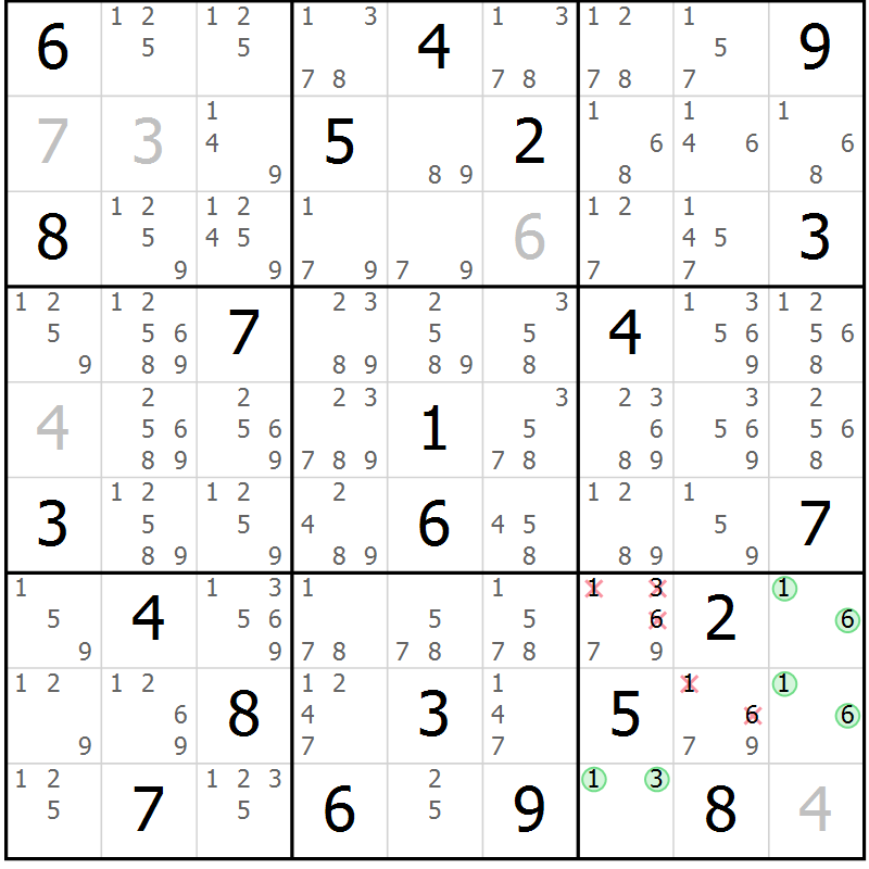 Position des candidats pour la solution de la Gr 11 page 14 du magazine de sudoku Sudoku Suprême n° 039