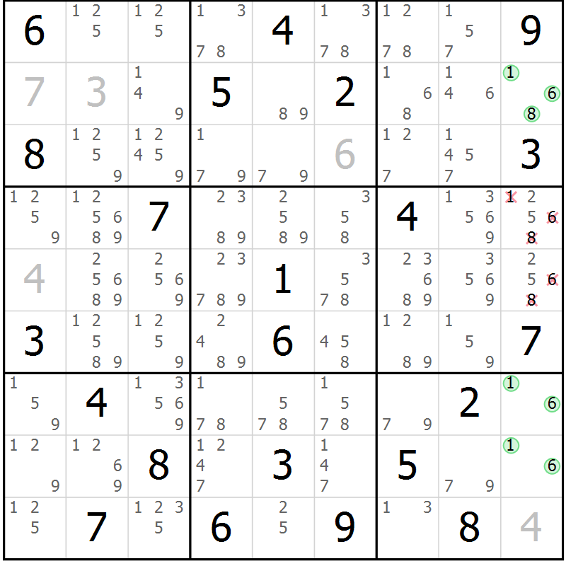 Position des candidats pour la solution de la Gr 11 page 14 du magazine de sudoku Sudoku Suprême n° 039