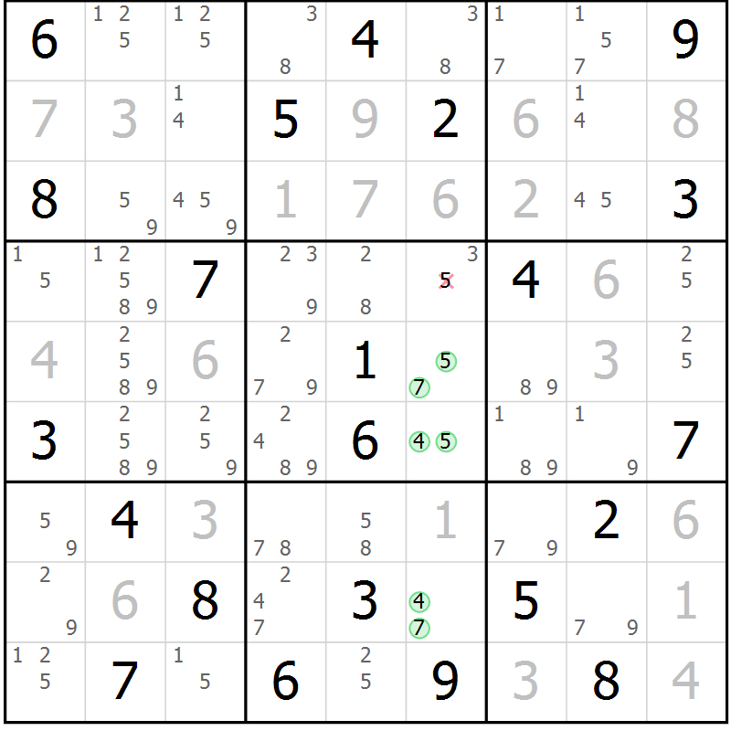 Position des candidats pour la solution de la Gr 11 page 14 du magazine de sudoku Sudoku Suprême n° 039