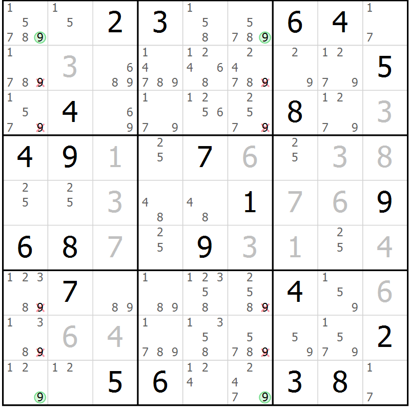 Position des candidats pour la solution de la Gr 13 page 16 du magazine de sudoku Sudoku Suprême n° 039