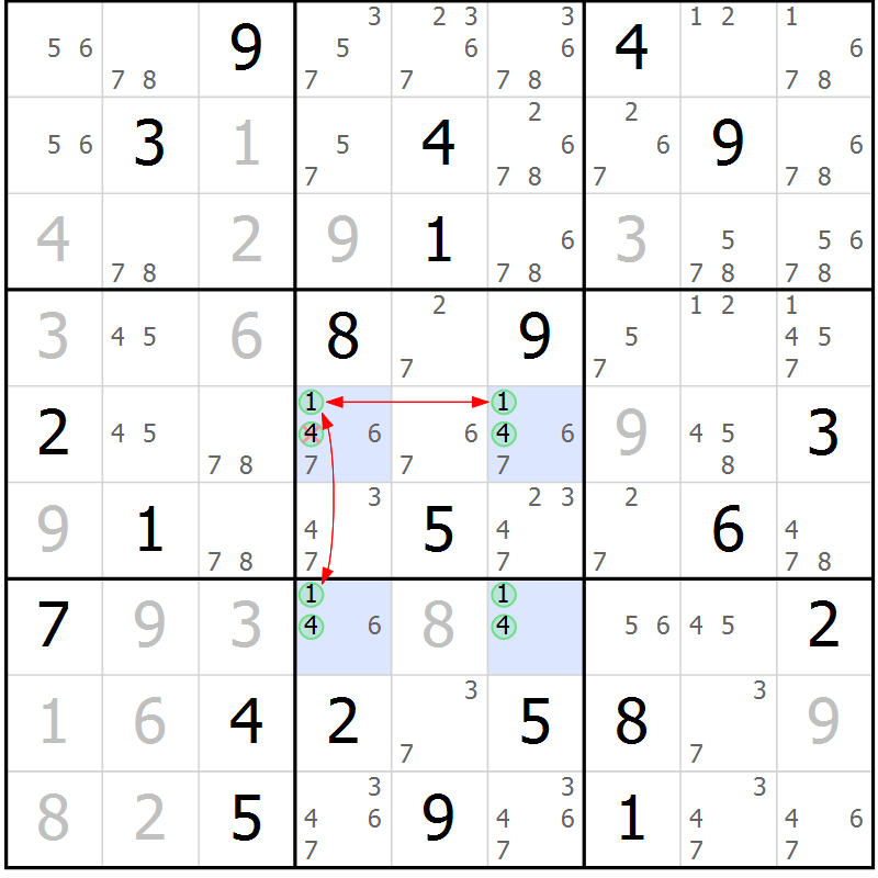 Position des candidats pour la solution de la Gr 14 page 17 du magazine de sudoku Sudoku Suprême n° 039