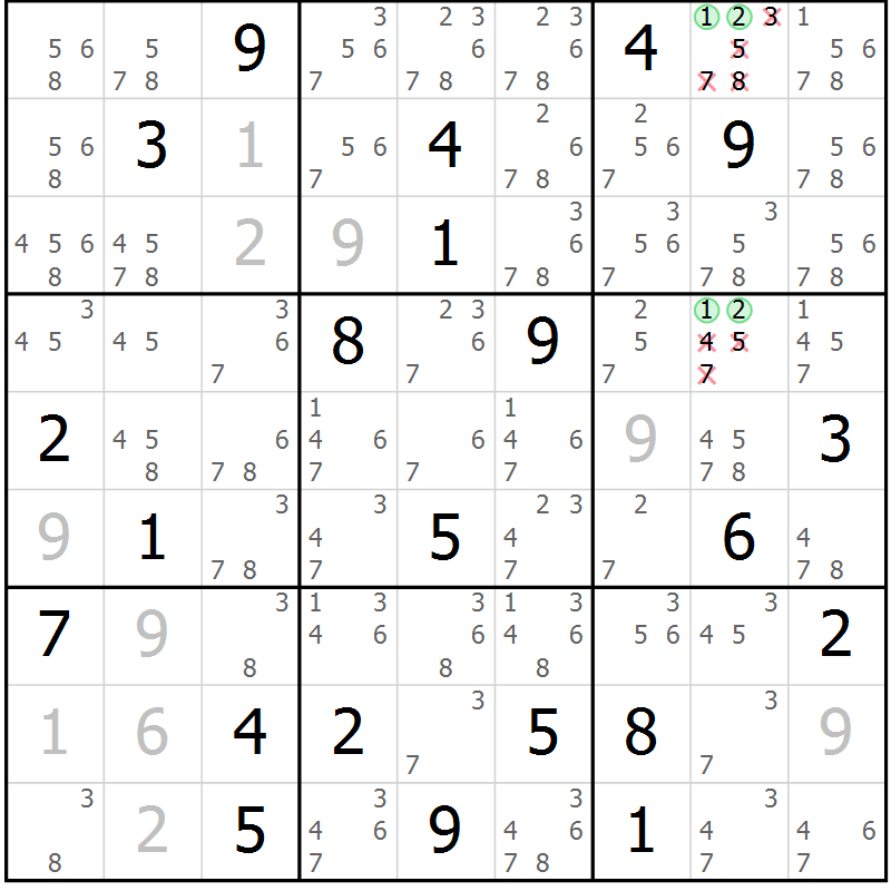 Position des candidats pour la solution de la Gr 14 page 17 du magazine de sudoku Sudoku Suprême n° 039