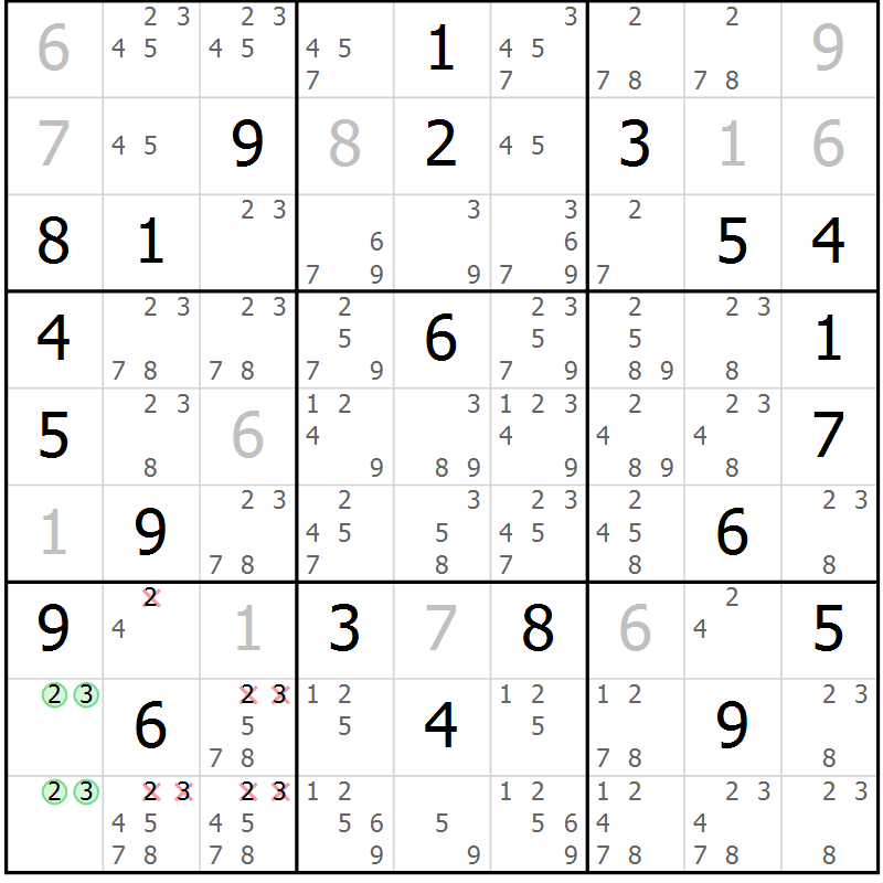 Position des candidats pour la solution de la Gr 15 page 18 du magazine de sudoku Sudoku Suprême n° 039