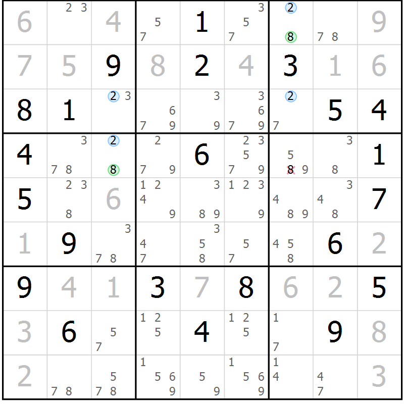 Position des candidats pour la solution de la Gr 15 page 18 du magazine de sudoku Sudoku Suprême n° 039