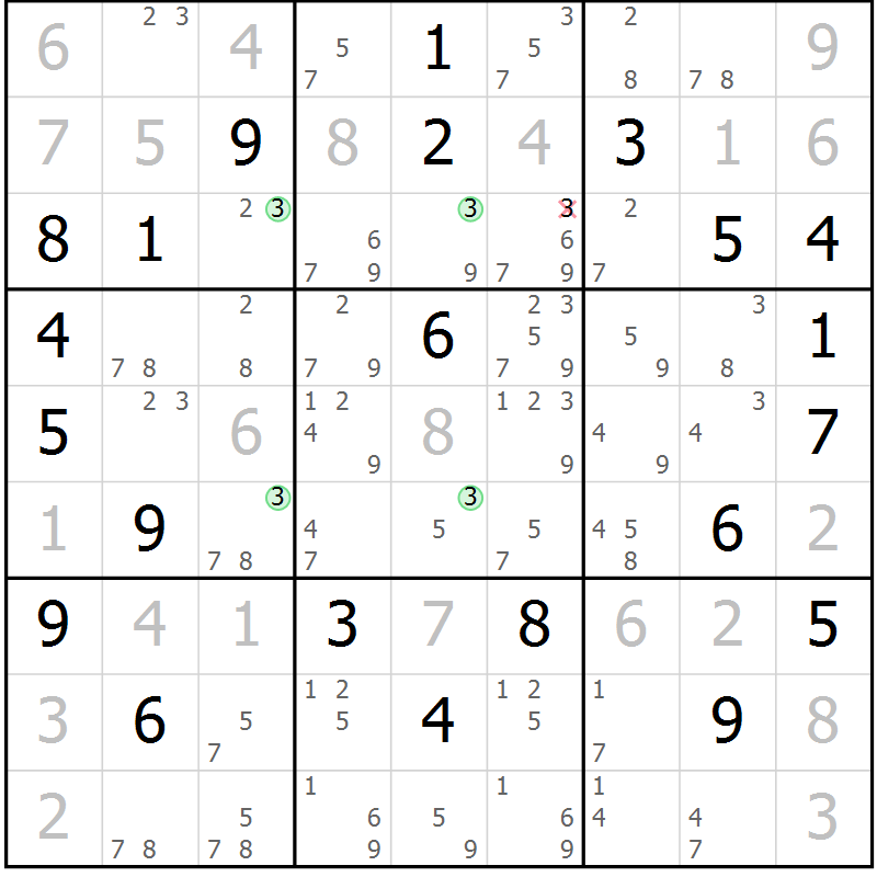 Position des candidats pour la solution de la Gr 15 page 18 du magazine de sudoku Sudoku Suprême n° 039