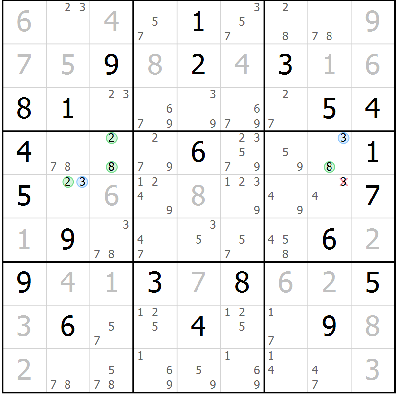Position des candidats pour la solution de la Gr 15 page 18 du magazine de sudoku Sudoku Suprême n° 039