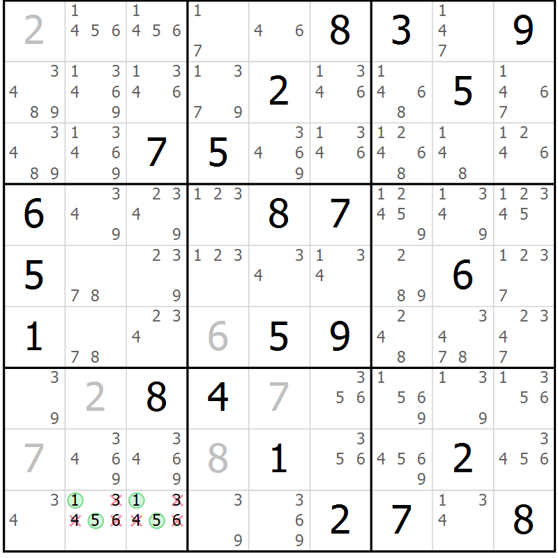 Position des candidats pour la solution de la Gr 17 page 20 du magazine de sudoku Sudoku Suprême n° 039