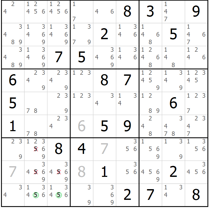 Position des candidats pour la solution de la Gr 17 page 20 du magazine de sudoku Sudoku Suprême n° 039