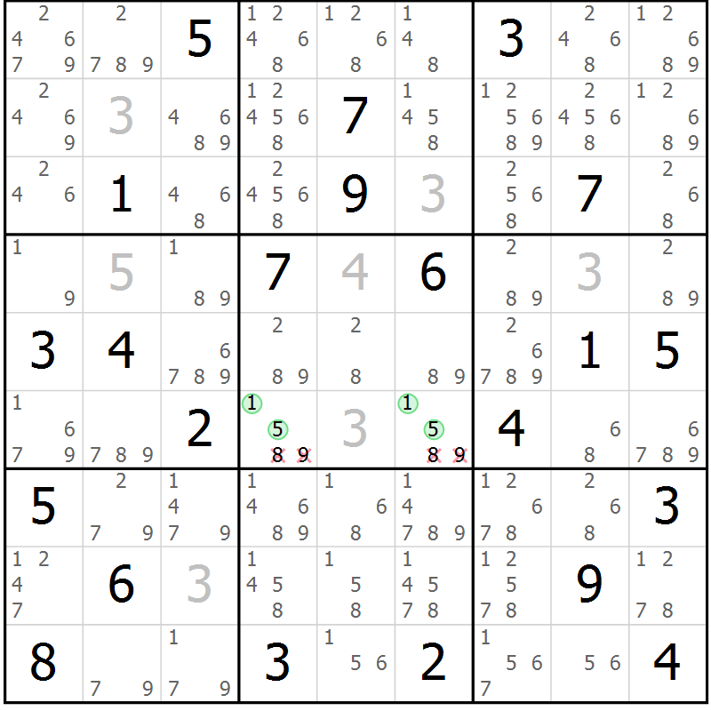 Position des candidats pour la solution de la Gr 18 page 21 du magazine de sudoku Sudoku Suprême n° 039