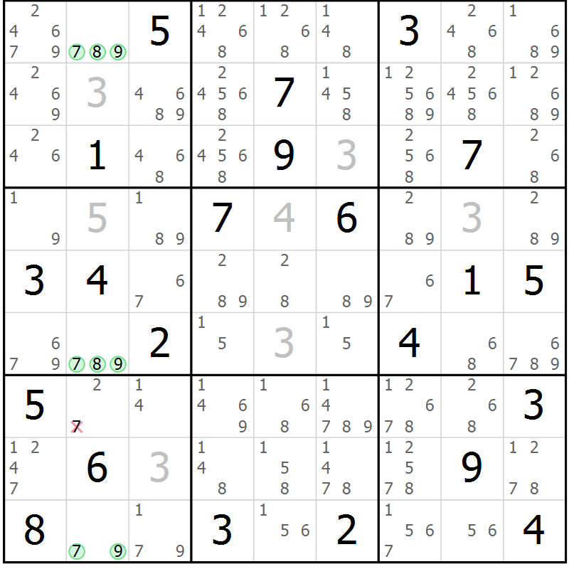 Position des candidats pour la solution de la Gr 18 page 21 du magazine de sudoku Sudoku Suprême n° 039