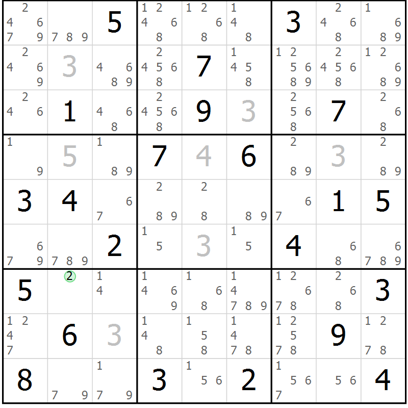Position des candidats pour la solution de la Gr 18 page 21 du magazine de sudoku Sudoku Suprême n° 039