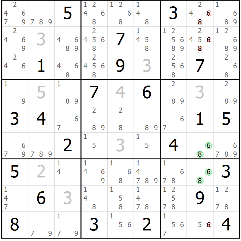 Position des candidats pour la solution de la Gr 18 page 21 du magazine de sudoku Sudoku Suprême n° 039