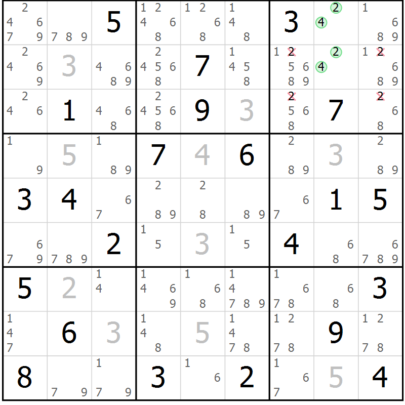Position des candidats pour la solution de la Gr 18 page 21 du magazine de sudoku Sudoku Suprême n° 039
