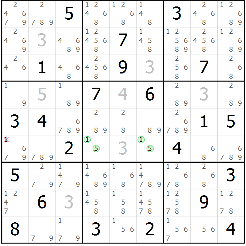 Position des candidats pour la solution de la Gr 18 page 21 du magazine de sudoku Sudoku Suprême n° 039