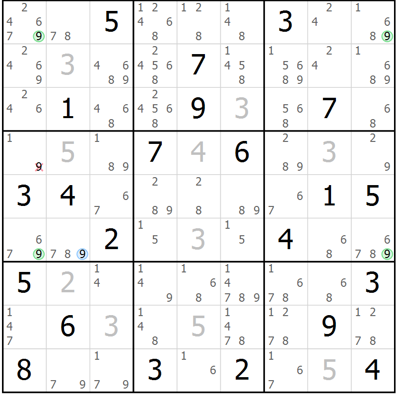 Position des candidats pour la solution de la Gr 18 page 21 du magazine de sudoku Sudoku Suprême n° 039