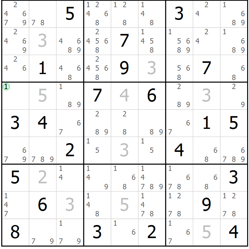 Position des candidats pour la solution de la Gr 18 page 21 du magazine de sudoku Sudoku Suprême n° 039