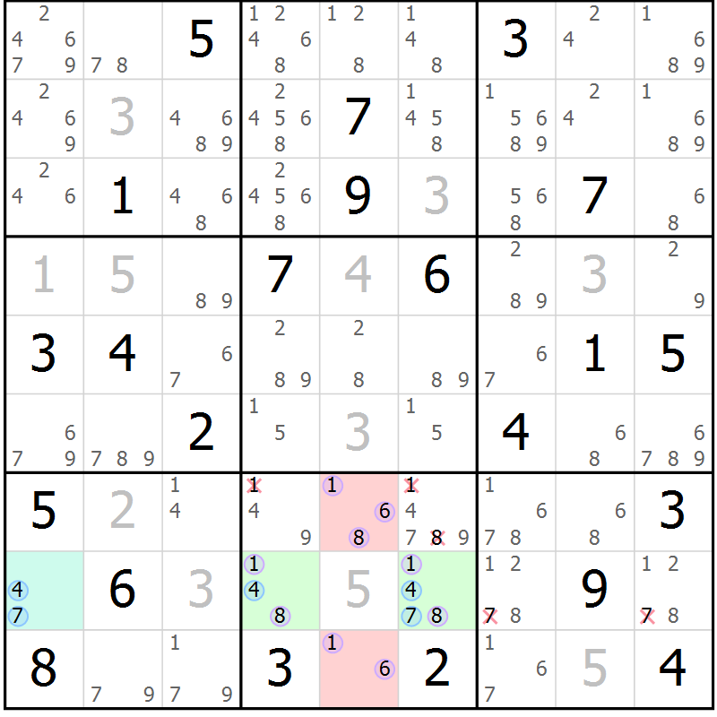 Position des candidats pour la solution de la Gr 18 page 21 du magazine de sudoku Sudoku Suprême n° 039