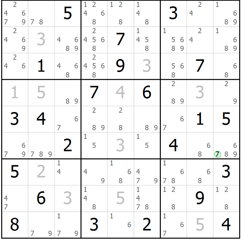Position des candidats pour la solution de la Gr 18 page 21 du magazine de sudoku Sudoku Suprême n° 039