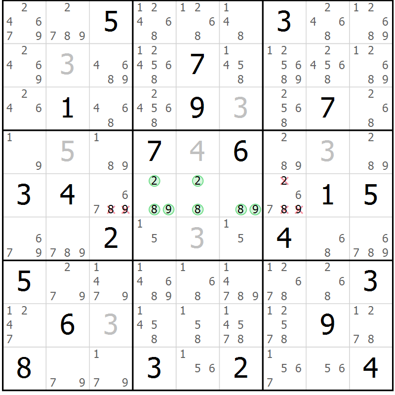Position des candidats pour la solution de la Gr 18 page 21 du magazine de sudoku Sudoku Suprême n° 039