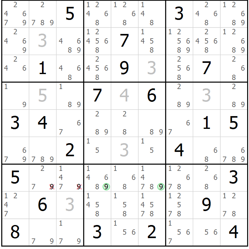 Position des candidats pour la solution de la Gr 18 page 21 du magazine de sudoku Sudoku Suprême n° 039