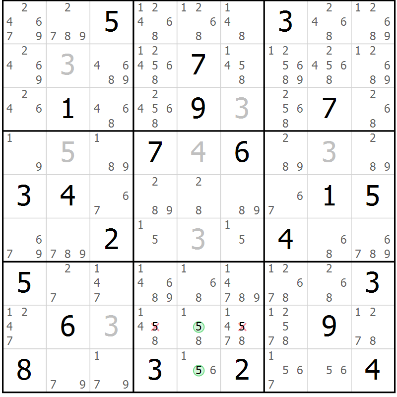 Position des candidats pour la solution de la Gr 18 page 21 du magazine de sudoku Sudoku Suprême n° 039
