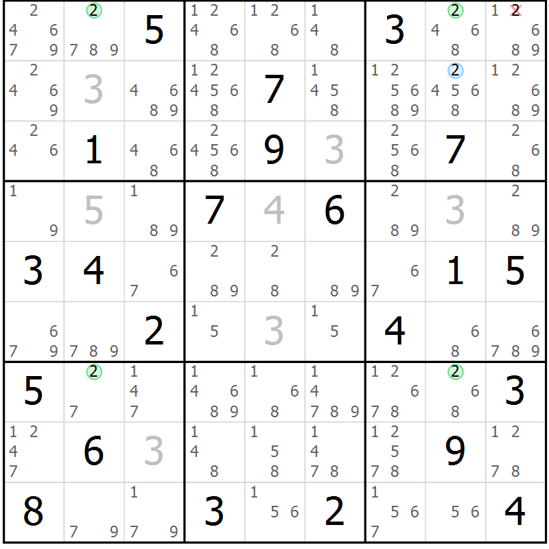 Position des candidats pour la solution de la Gr 18 page 21 du magazine de sudoku Sudoku Suprême n° 039