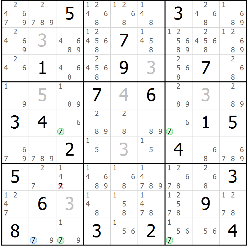 Position des candidats pour la solution de la Gr 18 page 21 du magazine de sudoku Sudoku Suprême n° 039