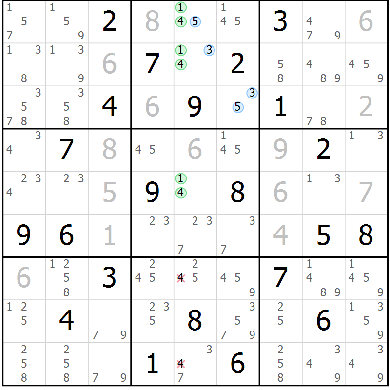 Position des candidats pour la solution de la Gr 19 page 22 du magazine de sudoku Sudoku Suprême n° 039