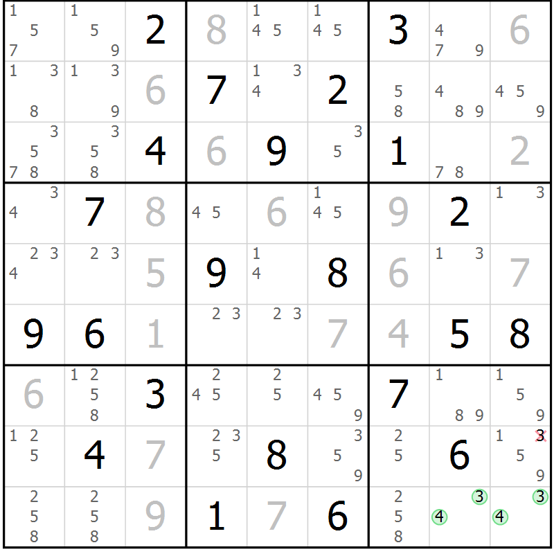 Position des candidats pour la solution de la Gr 19 page 22 du magazine de sudoku Sudoku Suprême n° 039
