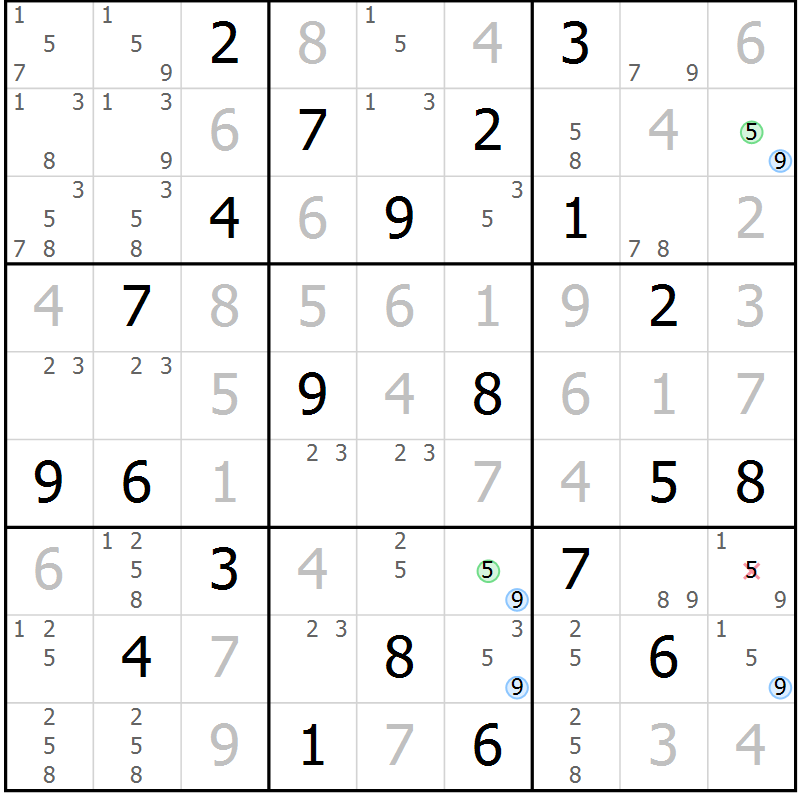 Position des candidats pour la solution de la Gr 19 page 22 du magazine de sudoku Sudoku Suprême n° 039