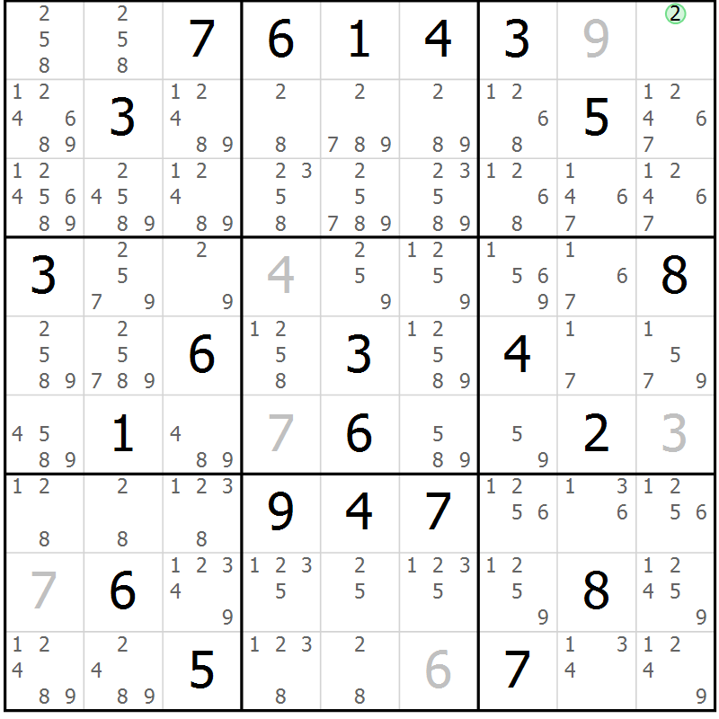 Position des candidats pour la solution de la Gr 2 page 5 du magazine de sudoku Sudoku Suprême n° 039