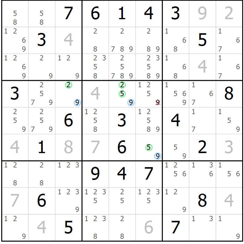 Position des candidats pour la solution de la Gr 2 page 5 du magazine de sudoku Sudoku Suprême n° 039