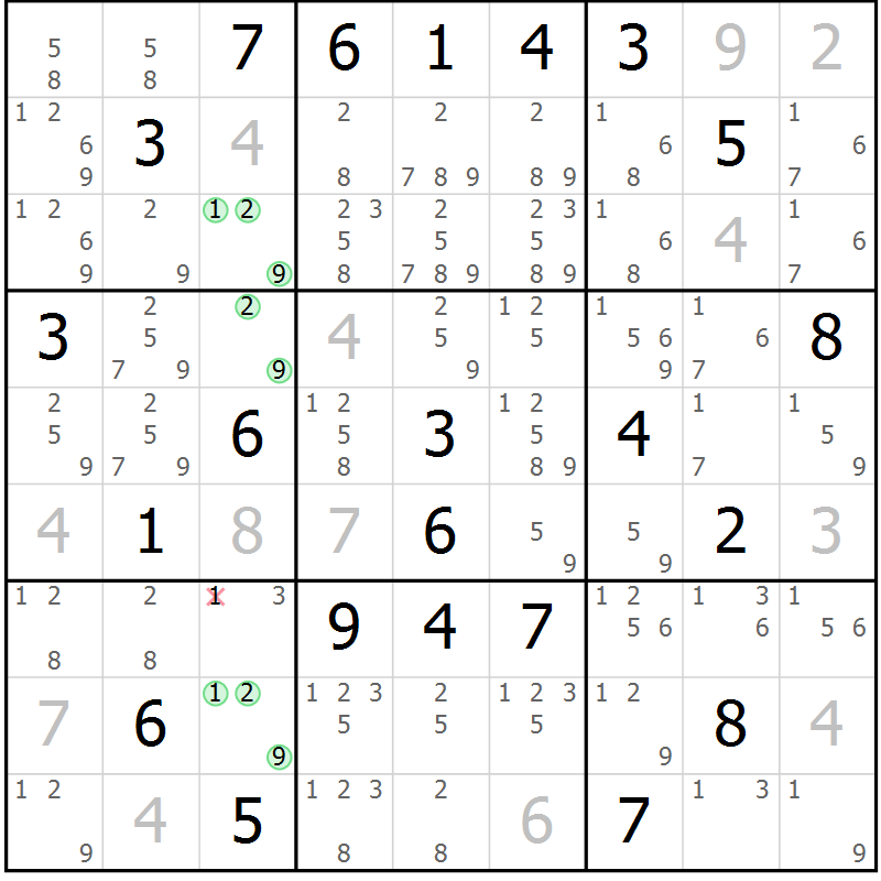 Position des candidats pour la solution de la Gr 2 page 5 du magazine de sudoku Sudoku Suprême n° 039