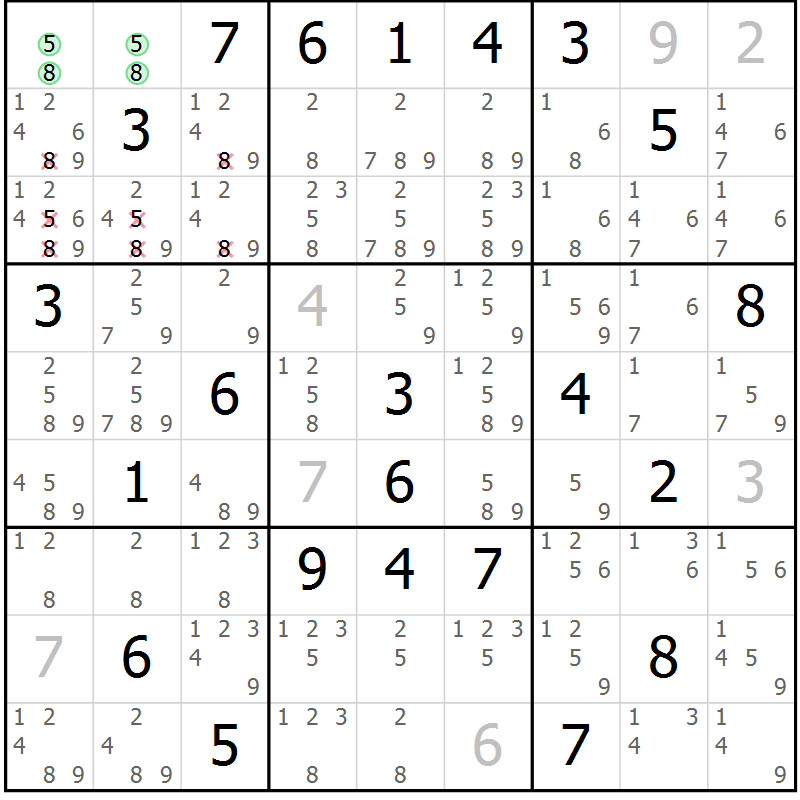 Position des candidats pour la solution de la Gr 2 page 5 du magazine de sudoku Sudoku Suprême n° 039