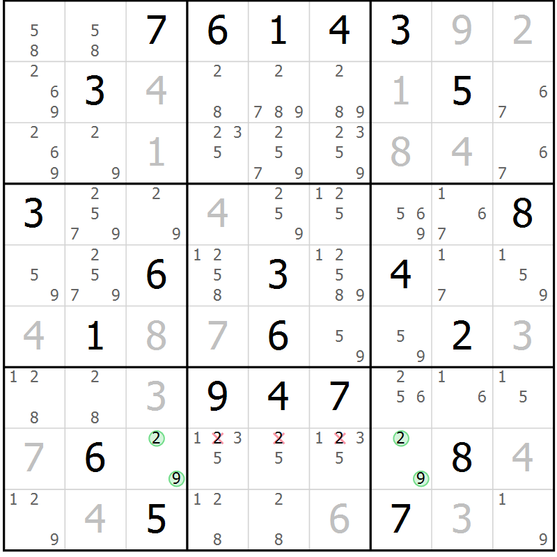 Position des candidats pour la solution de la Gr 2 page 5 du magazine de sudoku Sudoku Suprême n° 039