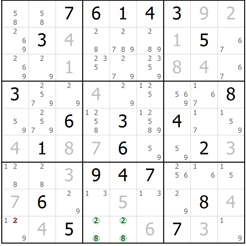 Position des candidats pour la solution de la Gr 2 page 5 du magazine de sudoku Sudoku Suprême n° 039