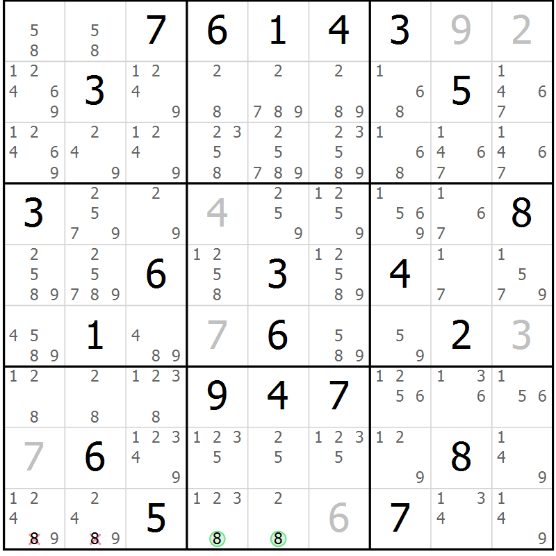 Position des candidats pour la solution de la Gr 2 page 5 du magazine de sudoku Sudoku Suprême n° 039