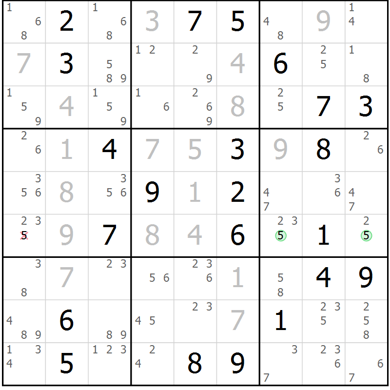 Position des candidats pour la solution de la Gr 20 page 23 du magazine de sudoku Sudoku Suprême n° 039