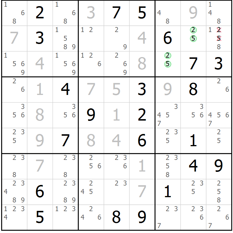 Position des candidats pour la solution de la Gr 20 page 23 du magazine de sudoku Sudoku Suprême n° 039