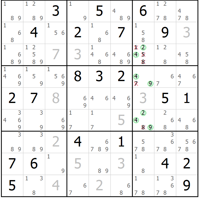 Position des candidats pour la solution de la Gr 21 page 24 du magazine de sudoku Sudoku Suprême n° 039