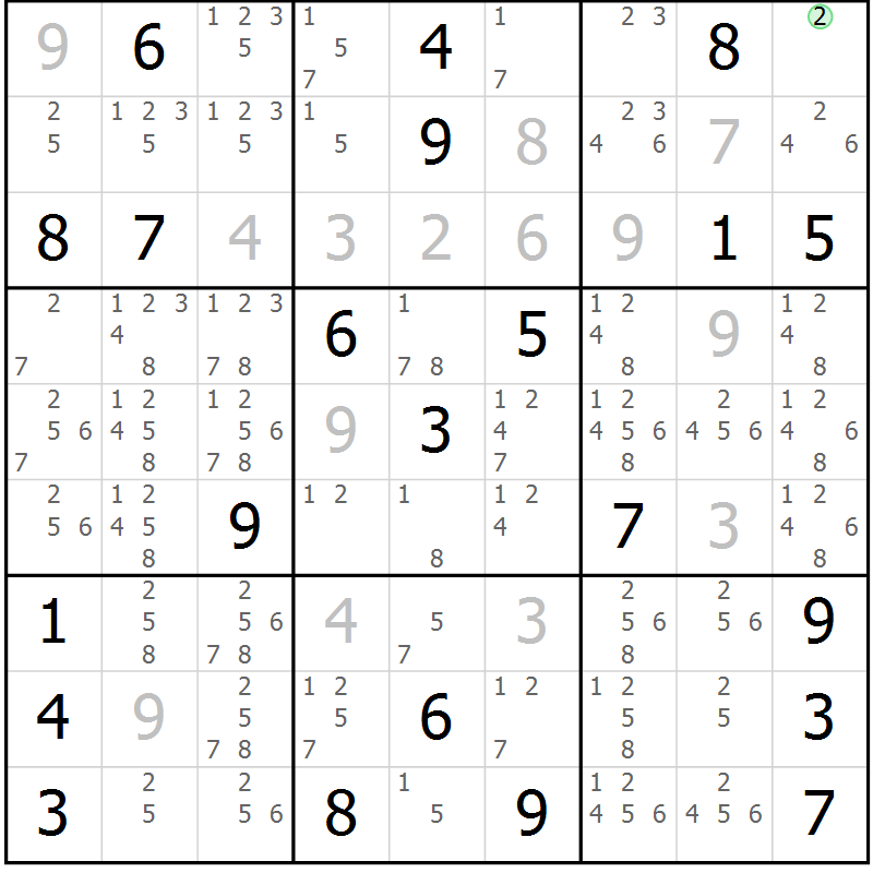 Position des candidats pour la solution de la Gr 22 page 25 du magazine de sudoku Sudoku Suprême n° 039